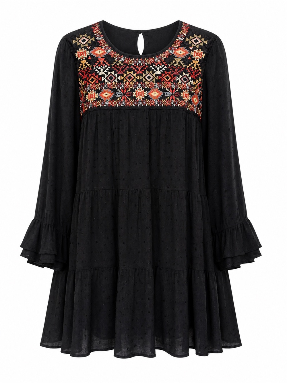 THML Embroidered Boho Tunic Dress Black Swiss Dot Peasant Festival XL